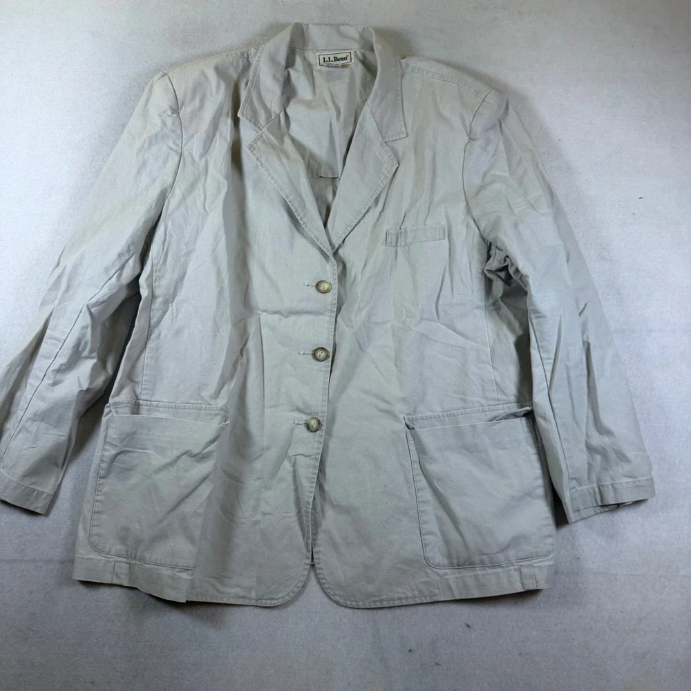 LL Bean Womens 20 Khaki Tan 100% Cotton 3 Button Blazer Chore Jacket Vintage - Picture 2 of 4